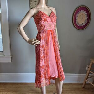 Vintage Y2K Laundry Silk Midi Dress Halter Paisley Fairycore Floral Pink Size 2